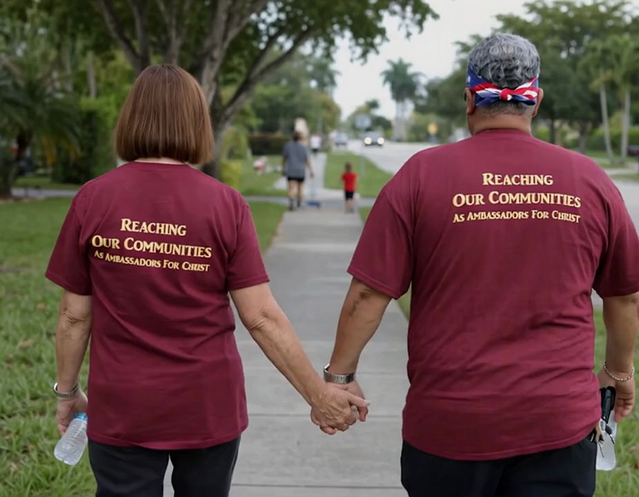 Two AFCO 5:20 outreach volunteers walking together through a Florida neighborhood.